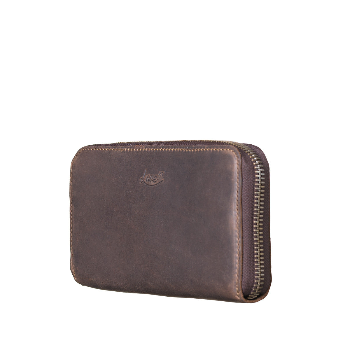Continental Leather Wallet in Dark Coffee Brown, angled front view showing zipper edge