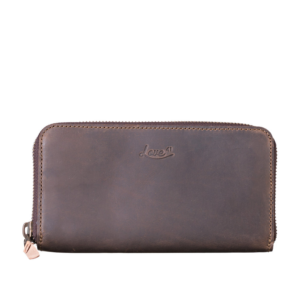 Continental Leather Wallet in Dark Coffee Brown, front view showing zipper pull and embossed logo