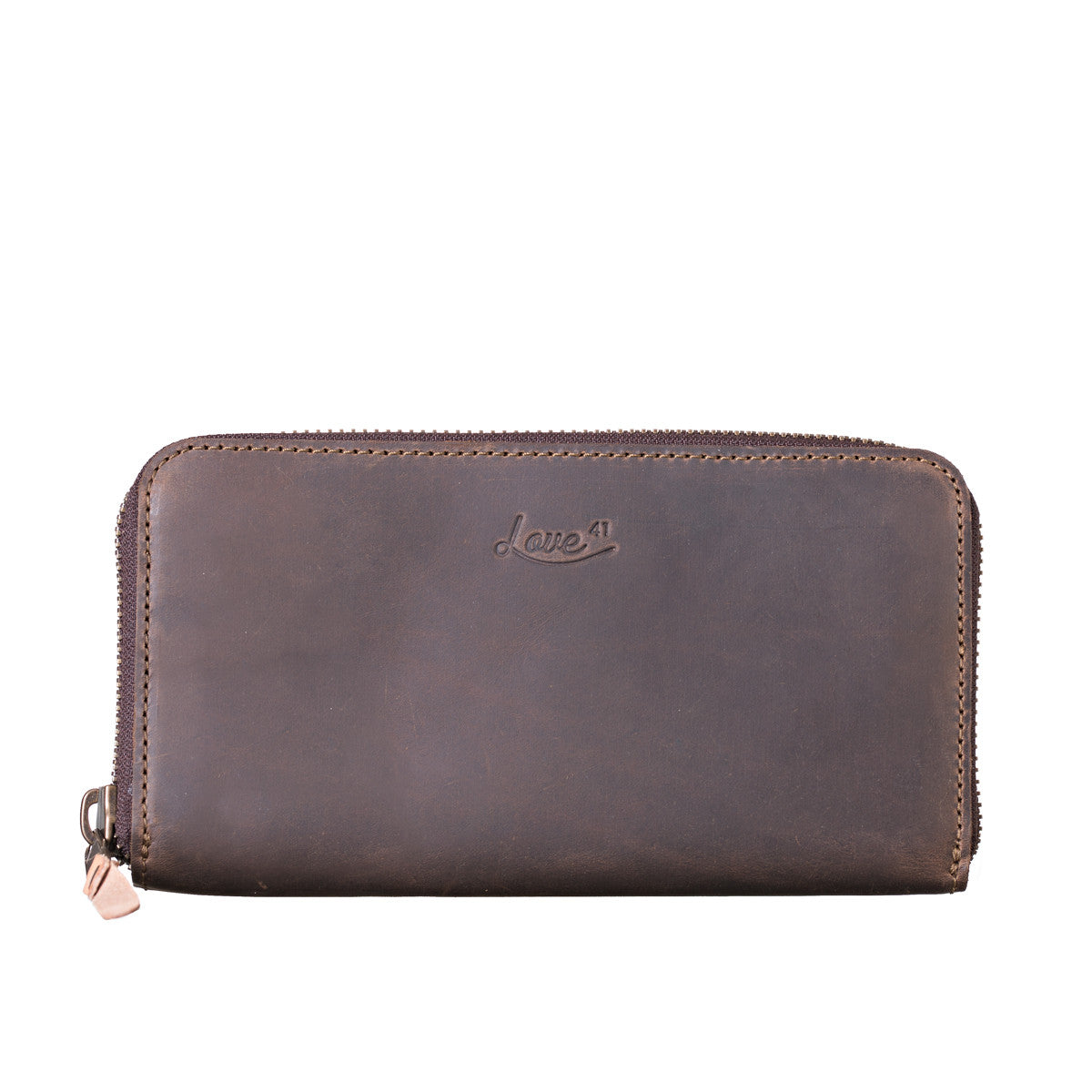 Continental Leather Wallet in Dark Coffee Brown, front view showing zipper pull and embossed logo