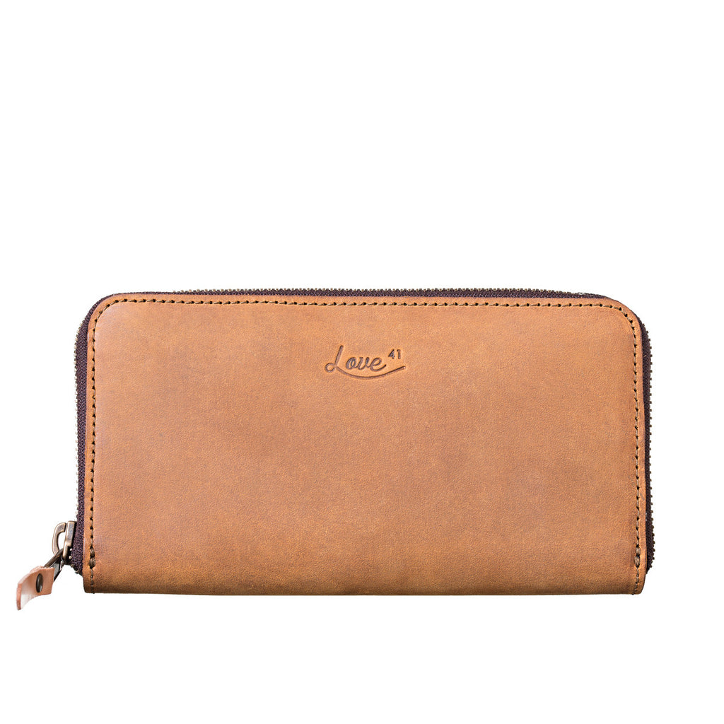 Continental Leather Wallet in Tobacco, front view showing zipper pull and embossed logo