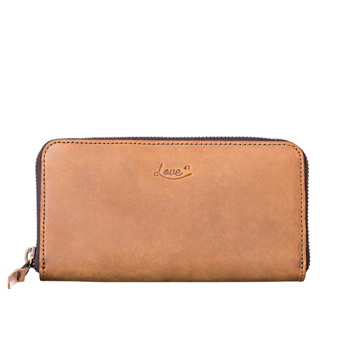 Continental Leather Wallet in Tobacco, front view showing zipper pull and embossed logo