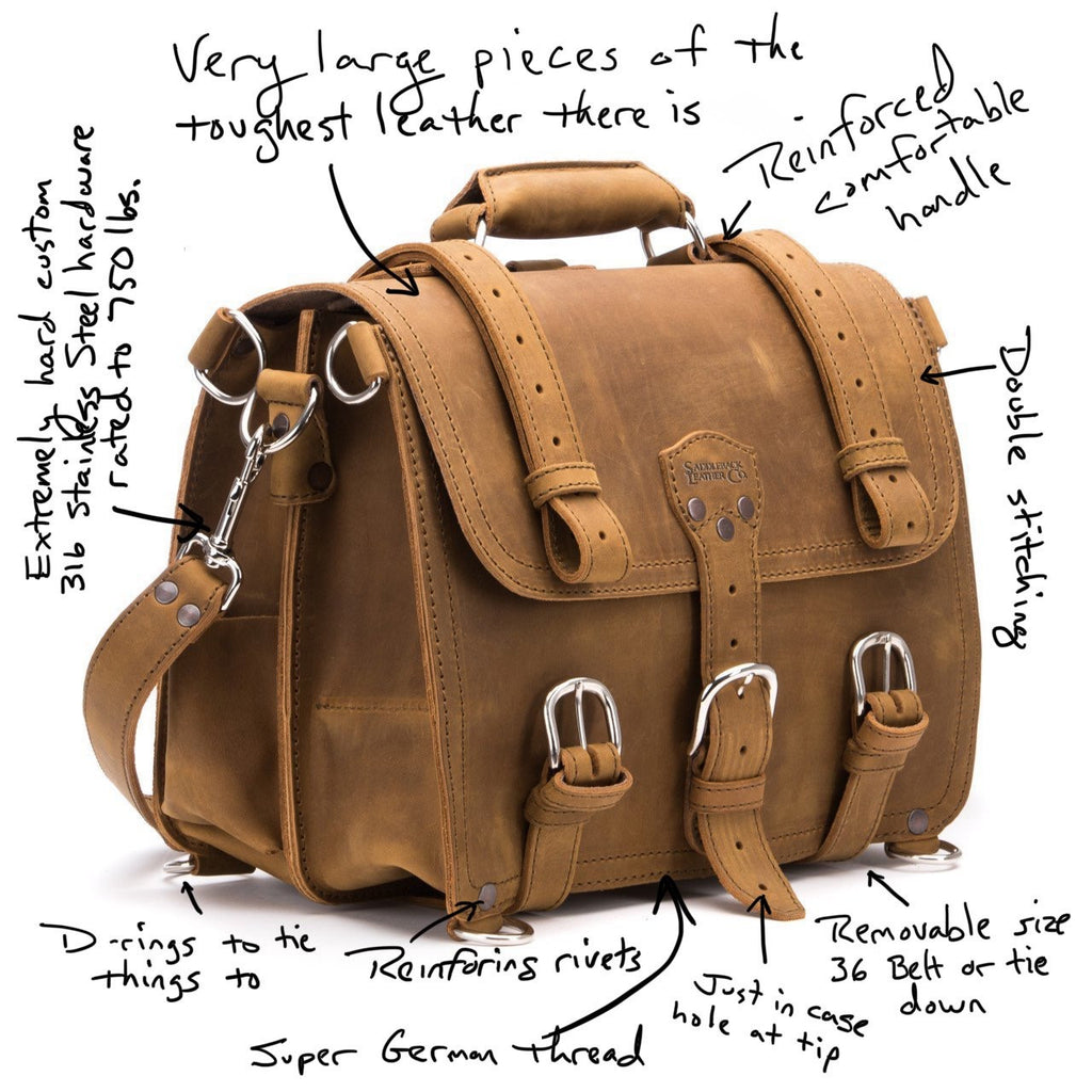 Large Classic Leather Briefcase in Tobacco, angled front view with handwritten notes on hardware, rivets and stitching