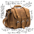 Large Classic Leather Briefcase in Tobacco, angled front view with handwritten notes on hardware, rivets and stitching