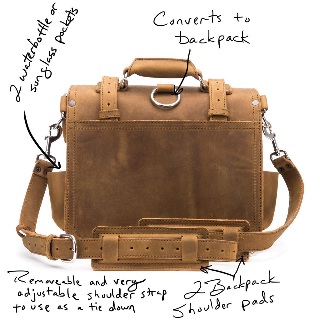 Large Classic Leather Briefcase in Tobacco, back view with handwritten notes on backpack mode, side pockets and strap