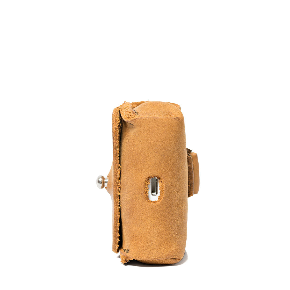 Leather AirPods Pro Case in Tobacco, side view showing the stitched gusset and stud closure