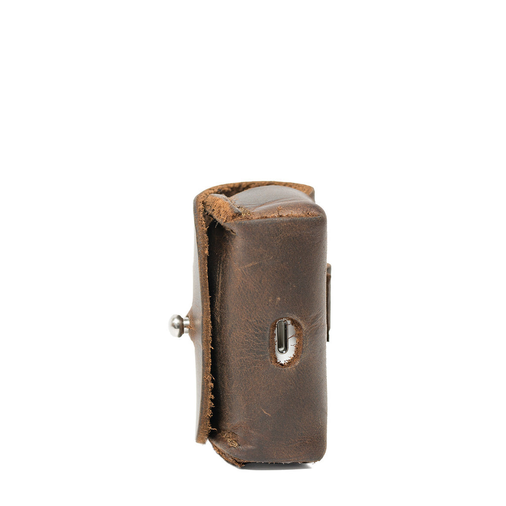 Leather AirPods Pro Case in Dark Coffee Brown, side view showing the stitched gusset and stud closure