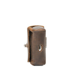 Leather AirPods Pro Case in Dark Coffee Brown, side view showing the stitched gusset and stud closure