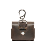 Leather AirPods Pro Case in Dark Coffee Brown, back view with carabiner clip and stitched loop
