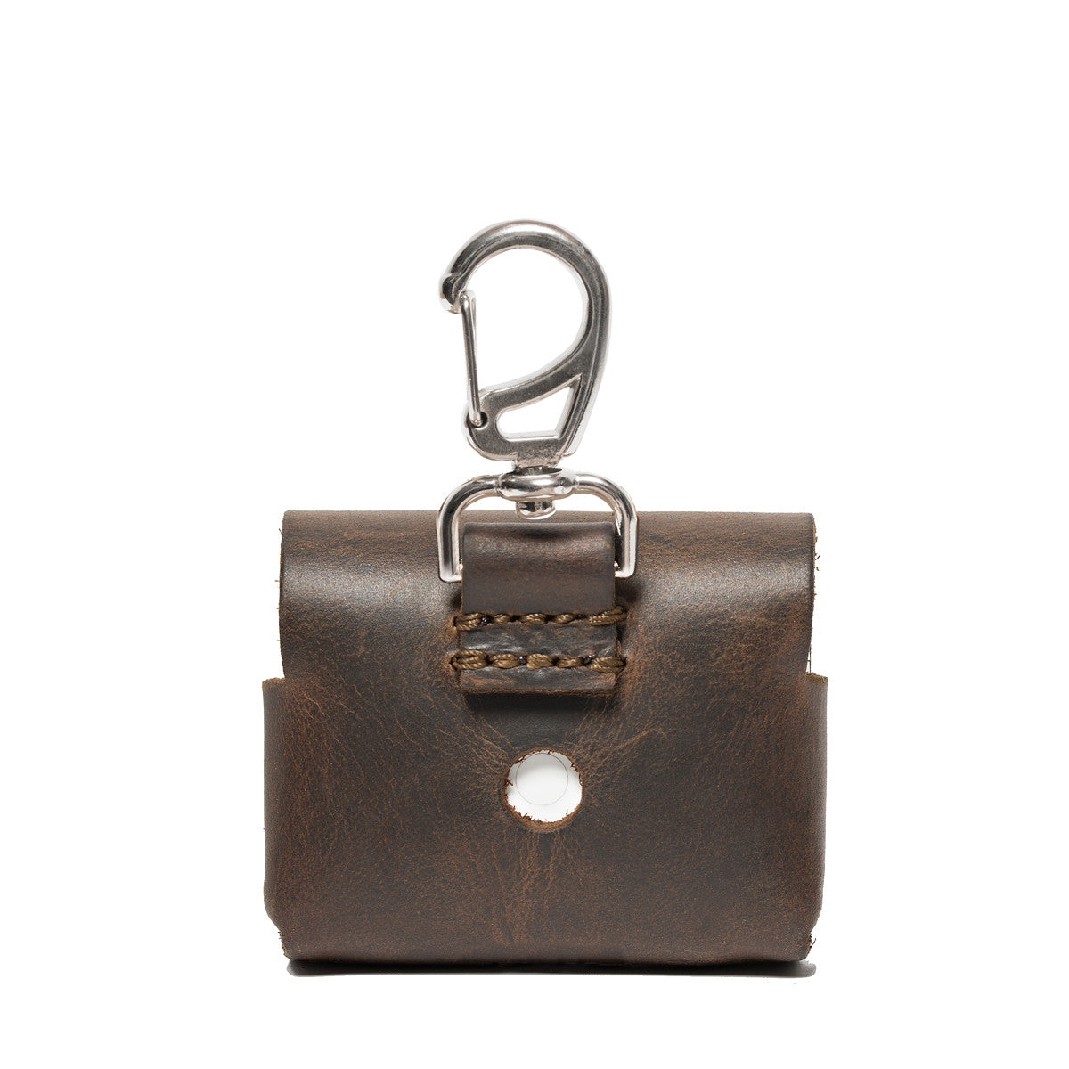 Leather AirPods Pro Case in Dark Coffee Brown, back view with carabiner clip and stitched loop
