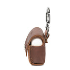 Leather AirPods Pro Case in Chestnut, side view with flap closed over the charging case and carabiner clip