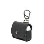 Leather AirPods Pro Case in Black, angled front view with embossed logo, stud closure and carabiner clip