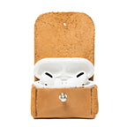 Leather AirPods Pro Case in Tobacco, open with the charging case lid up showing the earbuds inside