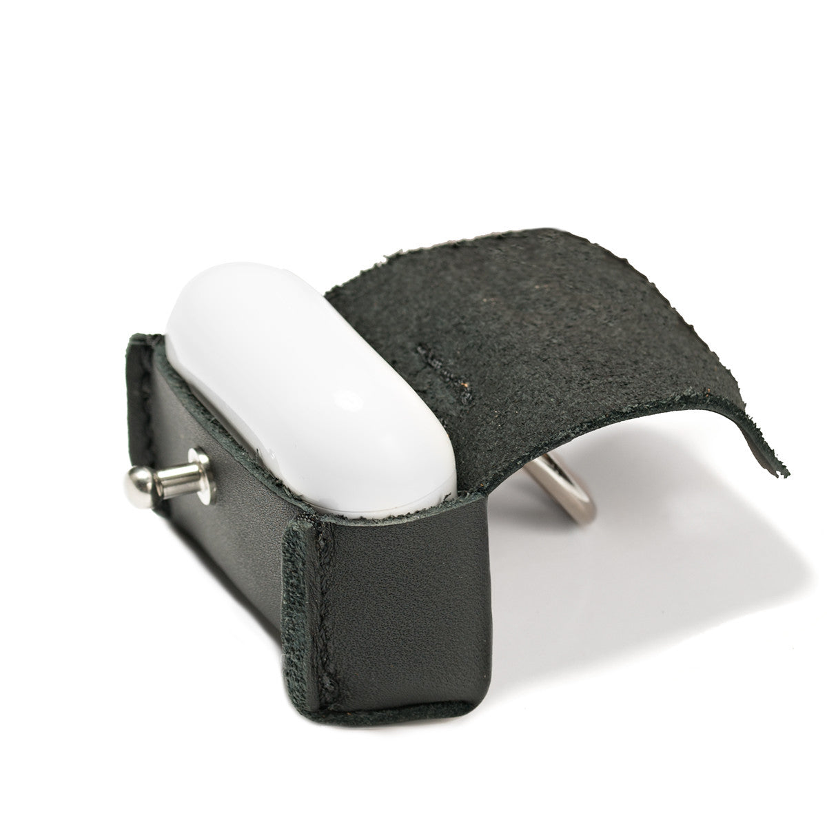 Leather AirPods Pro Case in Black with the flap open and the white charging case inside