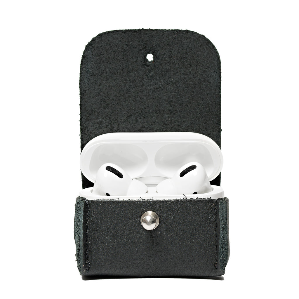 Leather AirPods Pro Case in Black, open with the charging case lid up showing the earbuds inside