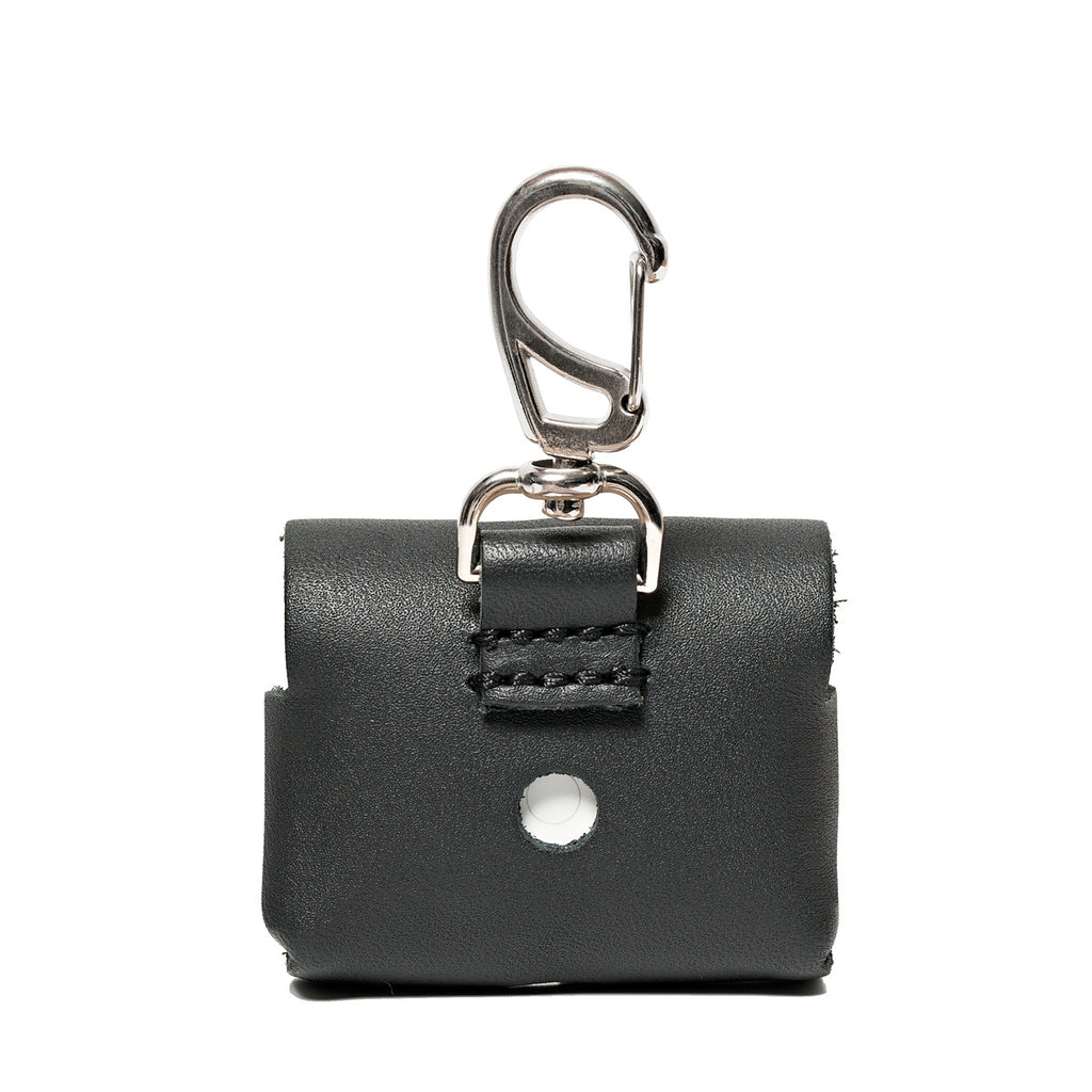 Leather AirPods Pro Case in Black, back view with carabiner clip and stitched loop