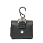 Leather AirPods Pro Case in Black, back view with carabiner clip and stitched loop