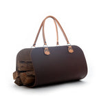 Leather Log Carrier in Chestnut with tan carry handles, holding firewood, side view