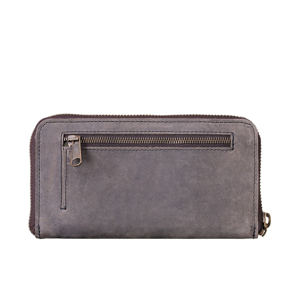 Continental Leather Wallet in Gray, back view with exterior zippered pocket