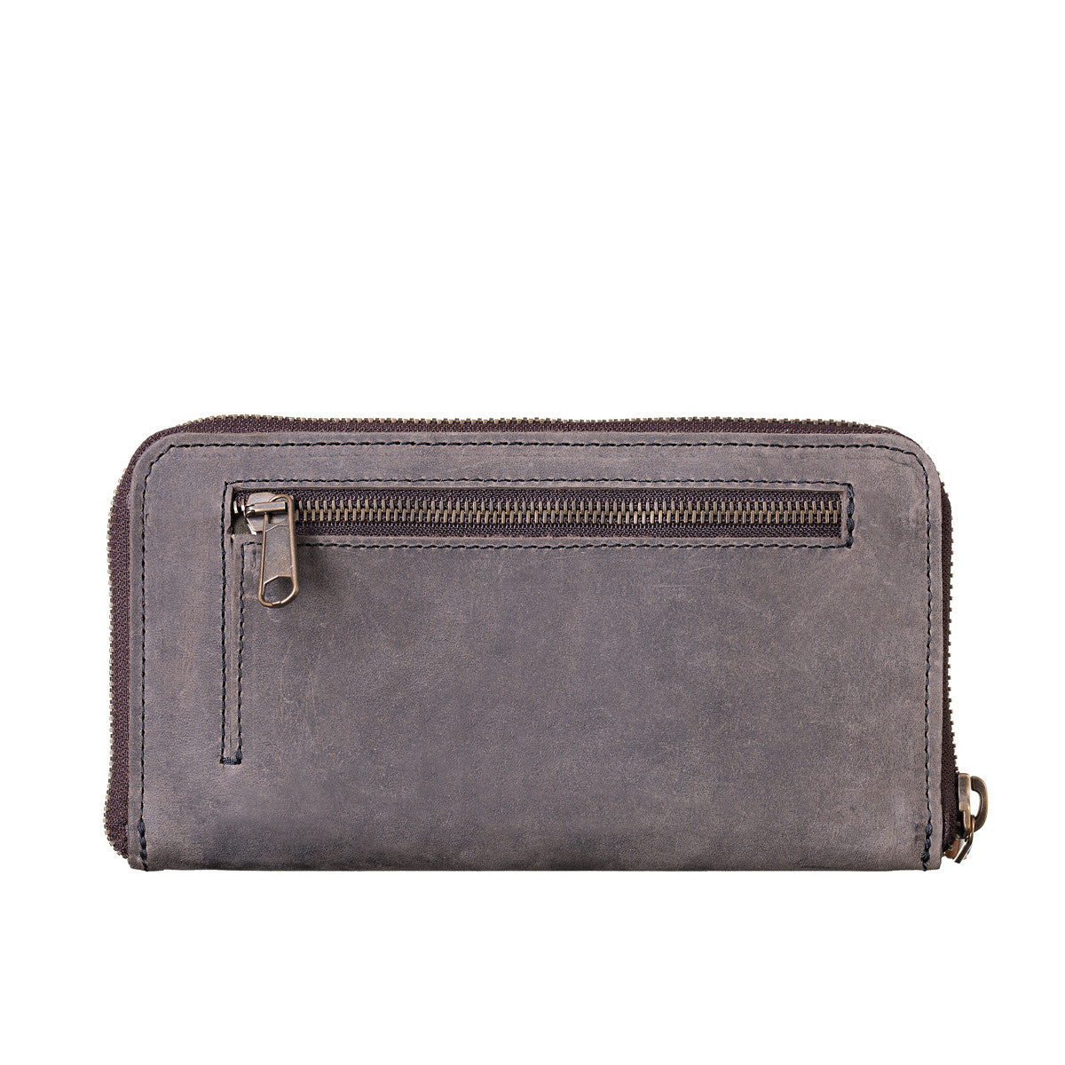Continental Leather Wallet in Gray, back view with exterior zippered pocket