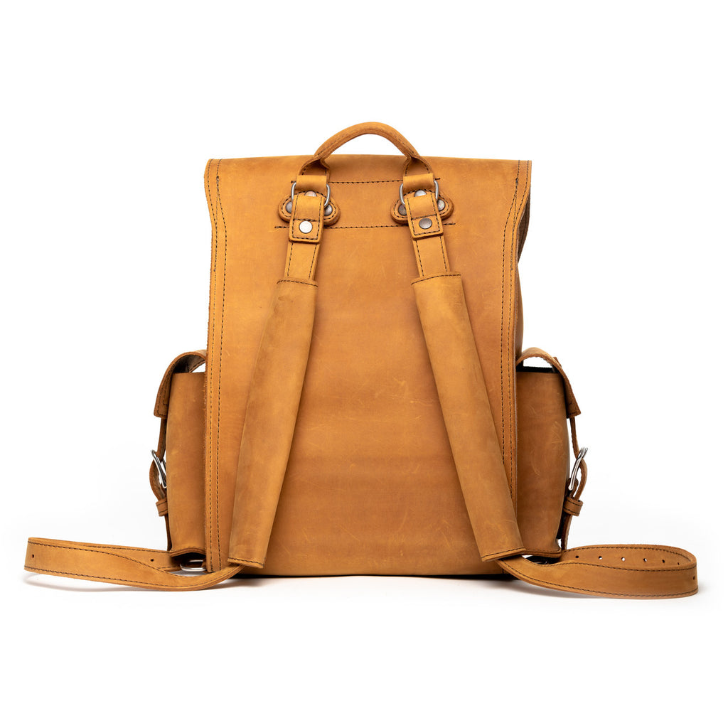 Front Pocket Leather Backpack in Tobacco, back view with padded shoulder straps and top handle