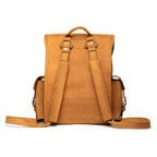 Front Pocket Leather Backpack in Tobacco, back view with padded shoulder straps and top handle