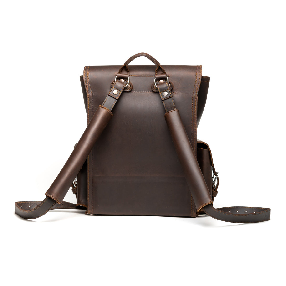 Front Pocket Leather Backpack in Dark Coffee Brown, back view with padded shoulder straps and top handle