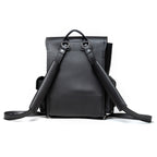 Front Pocket Leather Backpack in Black, back view with padded shoulder straps and top handle