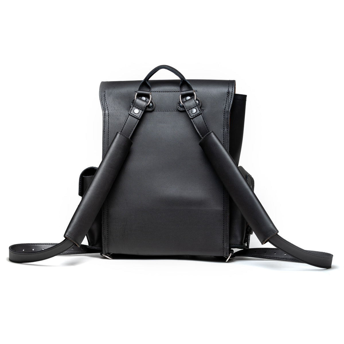 Front Pocket Leather Backpack in Black, back view with padded shoulder straps and top handle