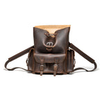 Front Pocket Leather Backpack in Dark Coffee Brown, front view with flap folded back showing the suede underside