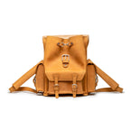 Front Pocket Leather Backpack in Tobacco, front view with flap folded back and front pockets