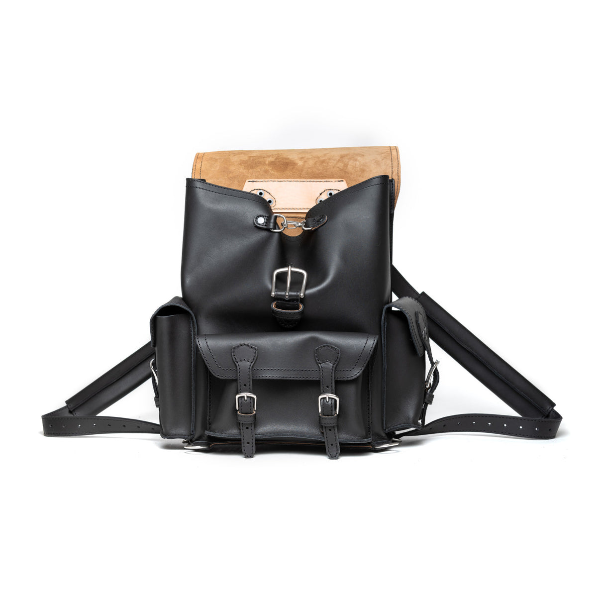 Front Pocket Leather Backpack in Black, front view with flap folded back showing the suede underside