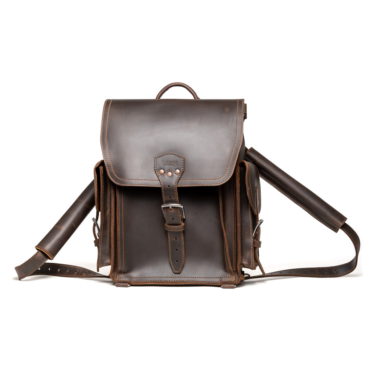 Tank Backpack in Dark Coffee Brown, front view with buckled flap and side pockets