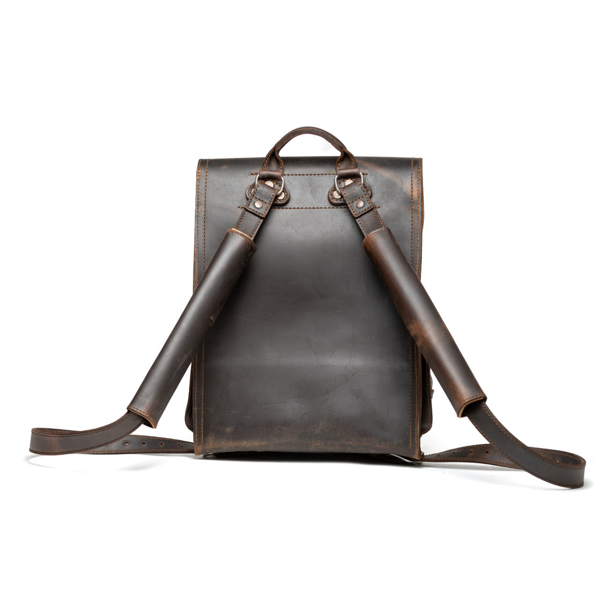 Thin Front Pocket Leather Backpack in Dark Coffee Brown, back view with padded shoulder straps and top handle