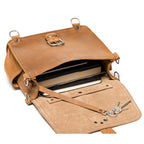 Photographer's Satchel in Tobacco, open flap showing books inside and a key leash with keys