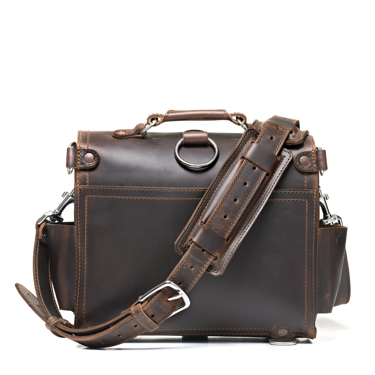 Photographer's Satchel in Dark Coffee Brown, back view with shoulder strap and pad attached