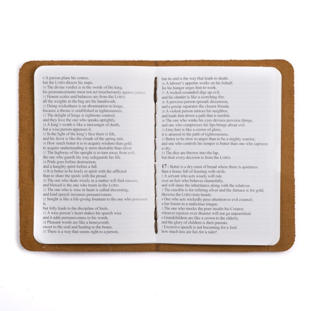 Leather Pocket Bible, Book of Proverbs in Tobacco lying open to show the printed verses inside