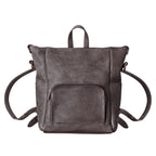 Universal Leather Backpack in Gray, front view showing zippered pocket and backpack straps
