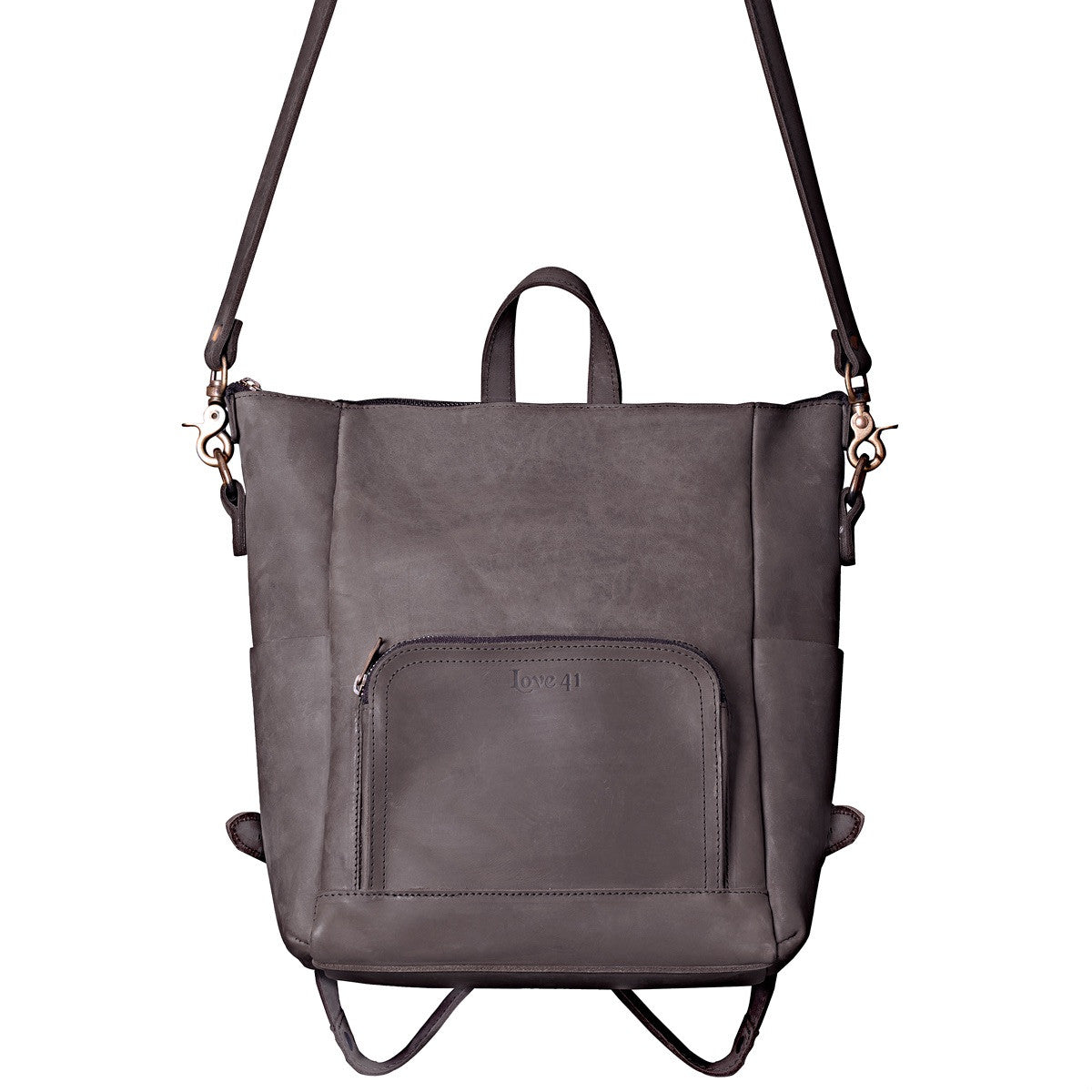 Universal Leather Backpack in Gray, front view with crossbody shoulder strap attached