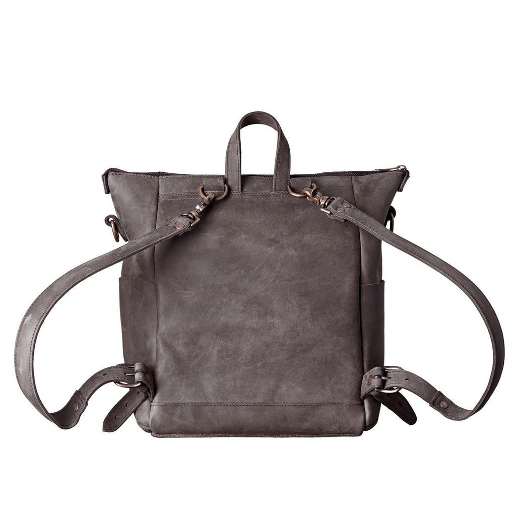 Universal Leather Backpack in Gray, back view showing adjustable shoulder straps