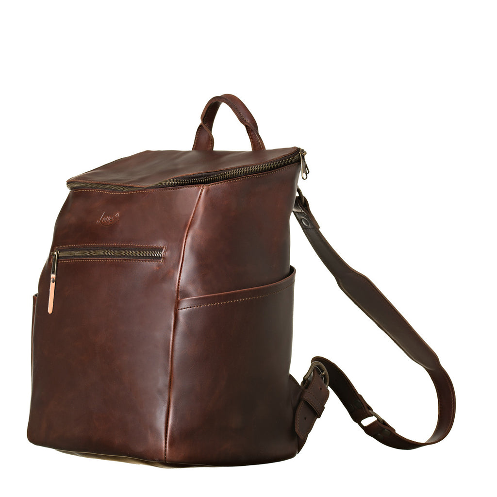 All in One Leather Backpack in Chestnut, angled front view with side pocket and shoulder strap