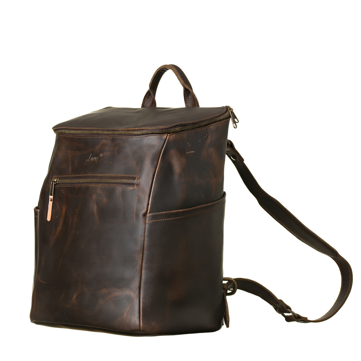 All in One Leather Backpack in Dark Coffee Brown, angled front view with side pocket and shoulder strap