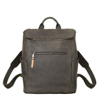All in One Leather Backpack in Black, front view showing zippered pocket, side pockets and straps