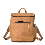All in One Leather Backpack in Tobacco, front view with a phone in the front pocket and bottle in the side