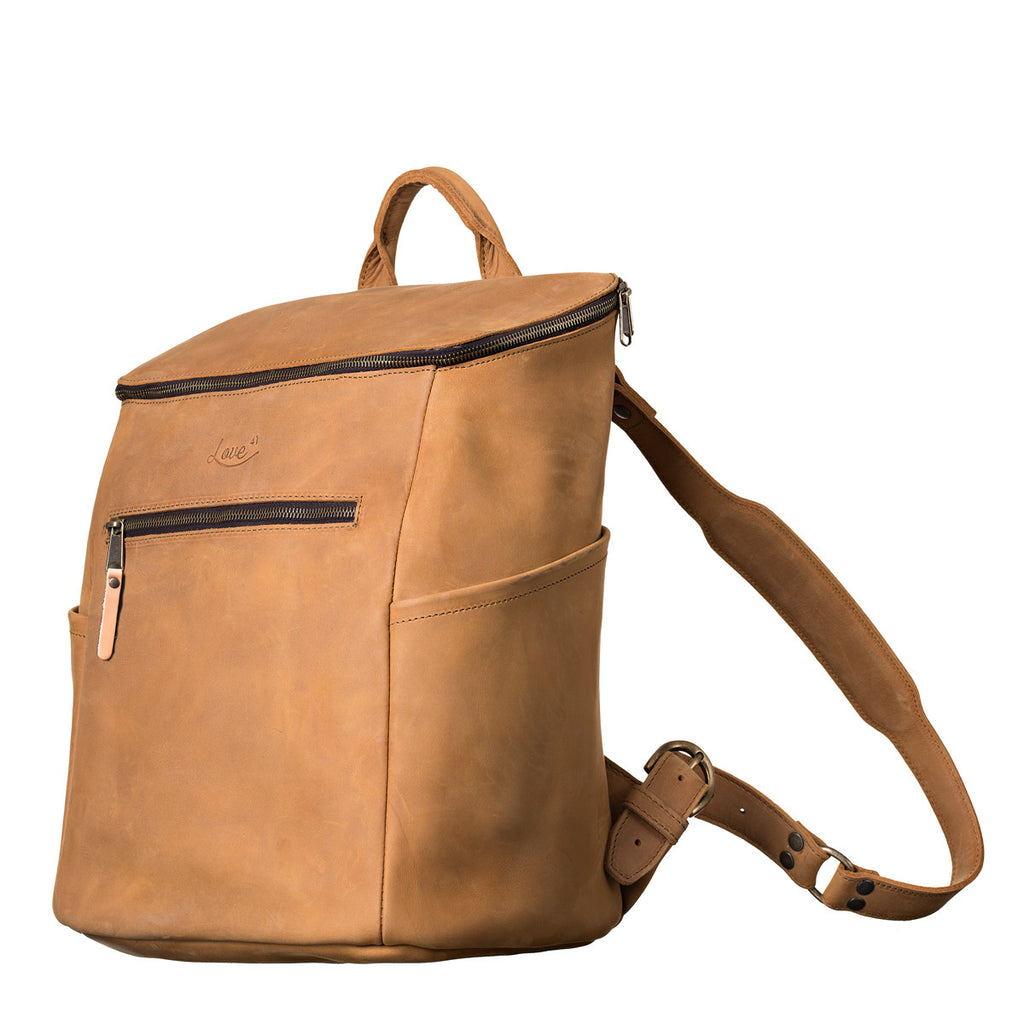 All in One Leather Backpack in Tobacco, angled front view with side pocket and shoulder strap