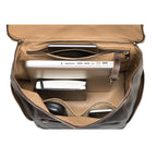 All in One Leather Backpack in Dark Coffee Brown, open top view with laptop, notebook, mouse and phone inside