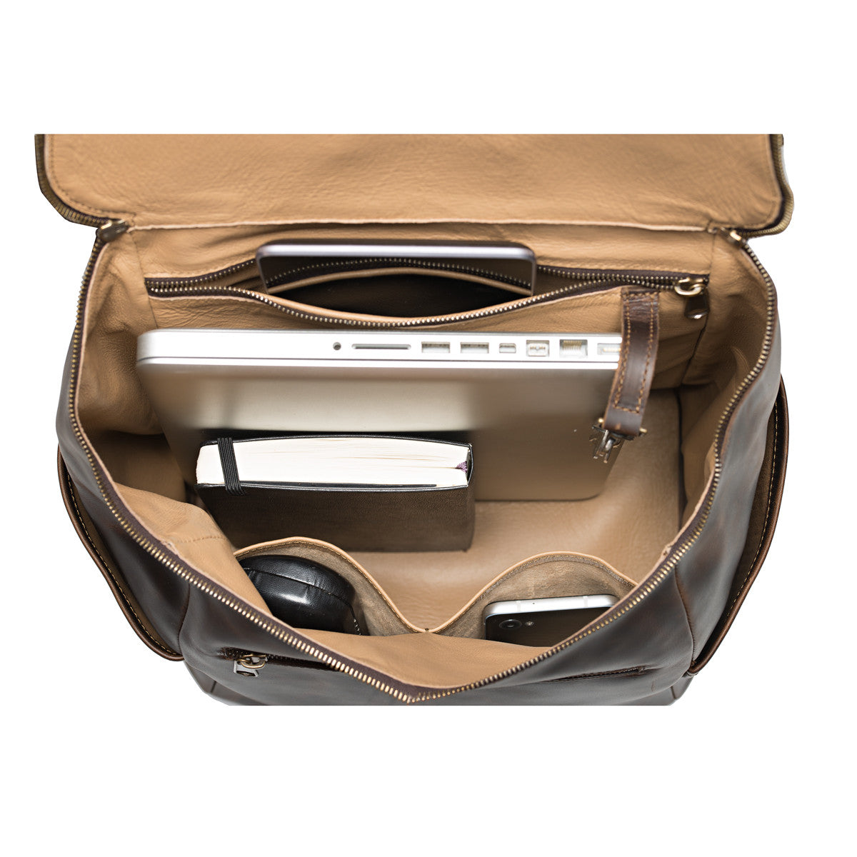 All in One Leather Backpack in Dark Coffee Brown, open top view with laptop, notebook, mouse and phone inside