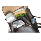 All in One Leather Backpack in Dark Coffee Brown packed as a diaper bag with diapers, bottles and baby supplies
