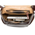 All in One Leather Backpack in Chestnut, open top view with laptop, phone and mouse inside