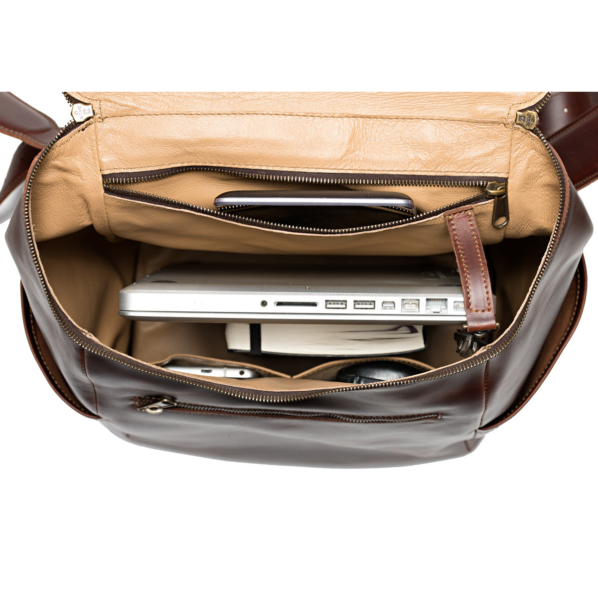 All in One Leather Backpack in Chestnut, open top view with laptop, phone and mouse inside