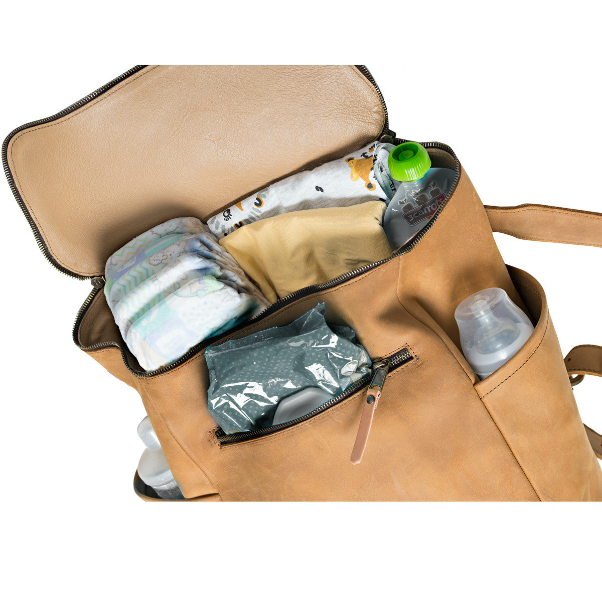 All in One Leather Backpack in Tobacco packed as a diaper bag with diapers, bottles and baby supplies